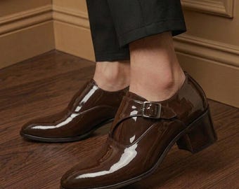 Handmade Patent Brown Leather Cuban Heel Shoes Men | Block Heel Loafers | Formal Wedding Footwear