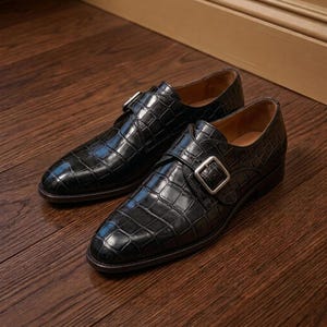 Black Crocodile Leather Monk Strap Dress Shoes for Men - Cap Toe Formal Wedding Shoes