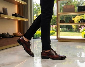 Zapatos Oxford formales brogue para hombre - Zapatos de vestir de cuero burdeos hechos a mano
