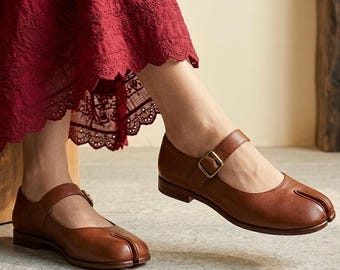Bruine leren Mary Jane-muiltjes dames - Leren ballerina's - Minimalistische tabi-schoenen met vierkante neus