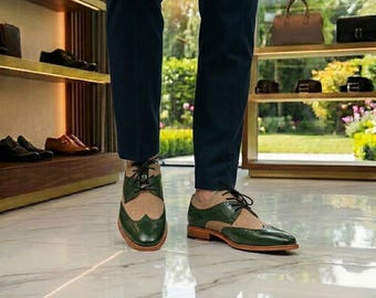 Stylish Beige Suede & Green Leather Brogue Shoes for Men - Handmade Formal Wedding Shoes