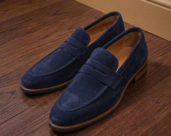 Handgemaakte blauwe suède loafers voor heren – instapschoenen, formele schoenen voor bruiloften en kantoor