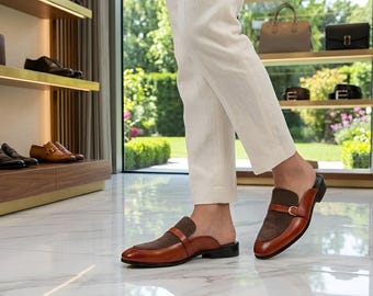 Mocasines de cuero hechos a mano para hombre - Mocasines marrones sin talón, pantuflas de cuero para hombre