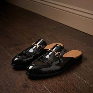 Black Patent Leather Loafer Mules, Men's Backless Slip On Mules - Men Clogs