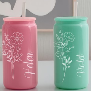 Personalized Iced Coffee Cup Floral Retro, Custom Can Glass with Lid and Straw, Bachelorette Glass Cup, Bridesmaid Gift, Bridesmaid Proposal