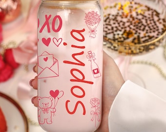 Custom Name Glass Can Cup, Personalized Mother's Day Gift for Her, Galentines Gift, Gift for Girlfriend, Custom Name Iced Coffee Glass