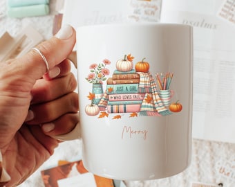 Custom Name Pumpkin Fall Autumn Book Mug, Book Lover Mug, Fall Coffee Mug, Fall Reading Mug, Bookish Mug Bookshelf mug Autumn leaves falling