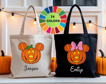 Custom Mickey Minnie Pumpkin Tote Bag, Trick or Treat Shopping Bag, Halloween Tote bag, Custom Name Tote Bag,Trick or Treat Personalized Bag