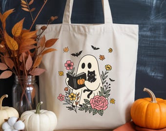 Cute Ghost Reading Book Tote Bag, Ghost Reading Tote Bag,  Reading Lover Gift, Fall Season Cute Bag, Ghost Halloween Tote Bag