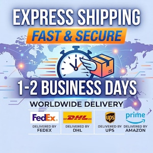 May include: Graphic with the text "EXPRESS SHIPPING FAST & SECURE" above a clock and a box with wings. The text "1-2 BUSINESS DAYS WORLDWIDE DELIVERY" is below. Logos for FedEx, DHL, UPS, and Amazon are at the bottom.