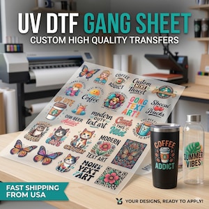 May include: A transparent UV DTF gang sheet featuring various colorful graphic designs including butterflies, cats, coffee cups, and text art. A black tumbler with a coffee graphic and a clear water bottle with a leaf design are placed nearby.