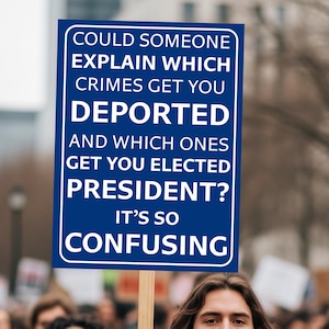 May include: A blue sign with white text is held up in a crowd. The sign reads: "COULD SOMEONE EXPLAIN WHICH CRIMES GET YOU DEPORTED AND WHICH ONES GET YOU ELECTED PRESIDENT? IT'S SO CONFUSING."
