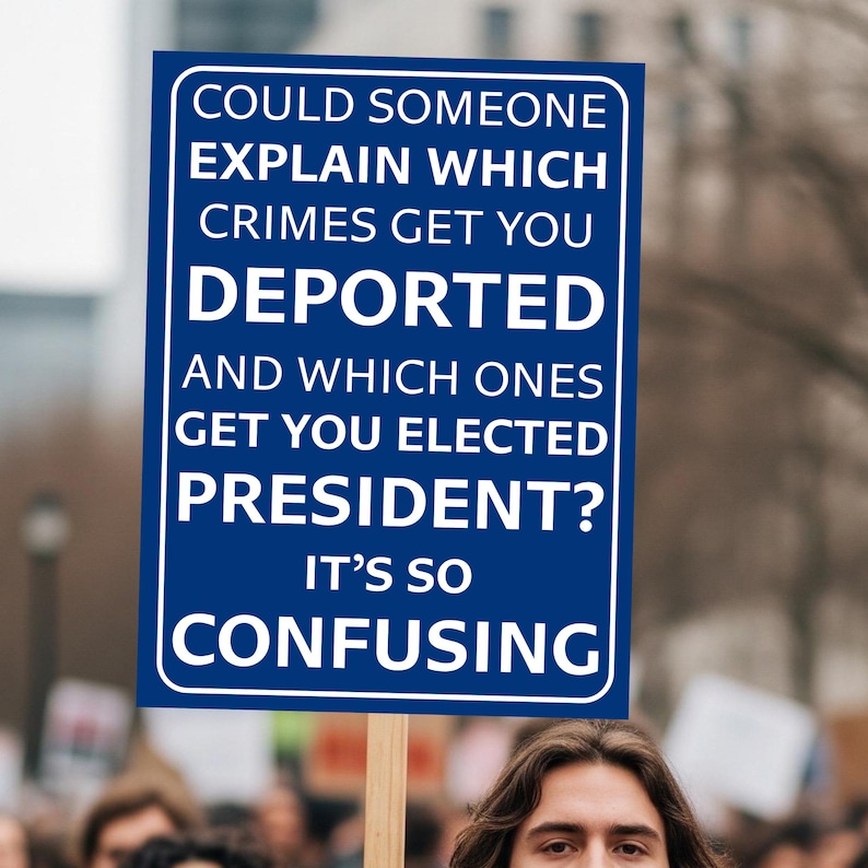 May include: A blue sign with white text is held up in a crowd. The sign reads: "COULD SOMEONE EXPLAIN WHICH CRIMES GET YOU DEPORTED AND WHICH ONES GET YOU ELECTED PRESIDENT? IT'S SO CONFUSING."