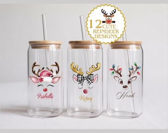 Personalised Christmas Glass Cup, Reindeer Christmas Glass Tumbler with Name, Family Christmas Gift, Frosted Glass Coffee Cup Lid and Straw