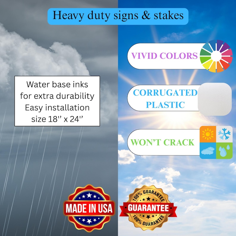 May include: Image of a sign with the text "Heavy duty signs & stakes." Features include vivid colors, corrugated plastic, and won't crack. The sign is 18" x 24" and made in the USA. Includes a guarantee.