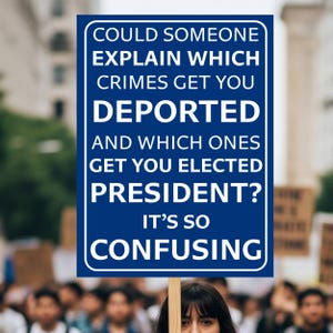 May include: A blue sign with white text that reads, "COULD SOMEONE EXPLAIN WHICH CRIMES GET YOU DEPORTED AND WHICH ONES GET YOU ELECTED PRESIDENT? IT'S SO CONFUSING." The sign is held up in a crowd.
