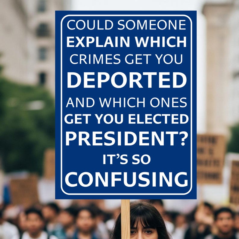 May include: A blue sign with white text that reads, "COULD SOMEONE EXPLAIN WHICH CRIMES GET YOU DEPORTED AND WHICH ONES GET YOU ELECTED PRESIDENT? IT'S SO CONFUSING." The sign is held up in a crowd.