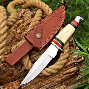 Handmade Bowie Knife with Steel Guard & Leather Sheath | Beautiful Hunting Knife | Collector&#39;s Gift | Custom Outdoor Survival Knife