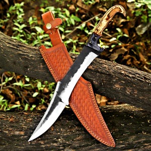 Hand-Forged Curved Hunting Knife with wood Handle  Leather Sheath – Custom Handmade Bowie Knife for Camping, Hunting & Collectors.