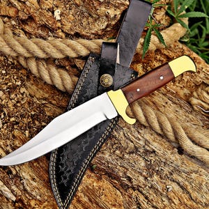 Handmade Bowie Knife with Brass Guard & Leather Sheath | Full Tang Hunting Knife | Collector&#39;s Gift | Custom Outdoor Survival Knife