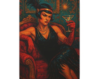 Canvas Print, Queer Vintage Illustration 1920s Girl Gang Energy, Stretched Matte Art, Retro Speakeasy Glam Decor, Cocktail Hour Sass,