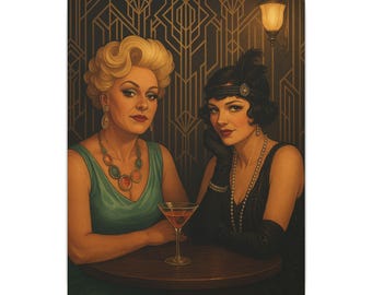 Canvas Print, queer vintage illustration 1920s girl gang energy flamboyant and fabulous retro speakeasy glam cocktail hour sass, Wall Art,
