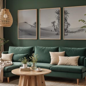 May include: A dark green sofa with beige throw pillows and a draped blanket, positioned in front of three framed black and white desert landscape prints. A round wooden coffee table sits in the foreground with a small vase and books.