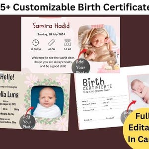 Plantilla de certificado de nacimiento editable para bebé, más de 5 diseños personalizados de Canva, incluye foto, nombre y detalles, ideal para baby shower o regalo de recién nacido.