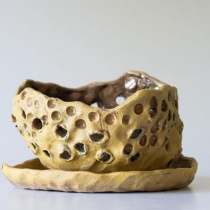 May include: A mustard yellow ceramic planter with a textured, uneven surface featuring numerous circular indentations and cut-out holes. The bowl-shaped vessel sits on a matching, wide, irregular circular saucer with a wavy, hand-formed edge.