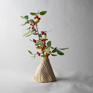 May include: A beige ceramic vase with a textured surface, holding a branch with green leaves and bright red berries. The vase has a triangular shape and is set against a white background.
