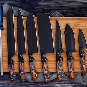 Juego de 8 cuchillos de chef para barbacoa de acero de Damasco, hechos a mano, forjados a mano, regalo de aniversario y cumpleaños.
