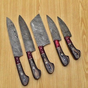Personalized Damascus Steel Chef Set, Damascus Steel Chef Knife Set For Christmas Gift, Damascus Handmade Kitchen Set For Halloween Gift.