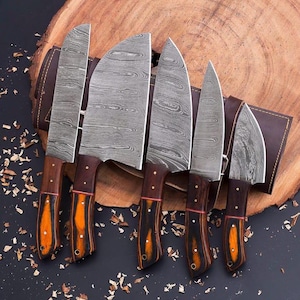 Personalized Damascus Steel Chef Set, Damascus Steel Chef Knife Set For Christmas Gift, Damascus Handmade Kitchen Set Birthday Gift