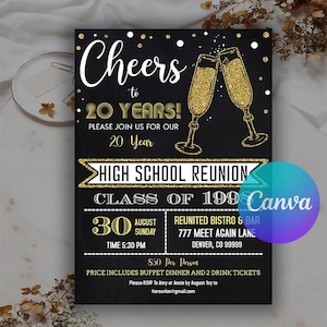 Invitación editable para reunión de exalumnos, plantilla para cualquier año, invitación para reunión universitaria, fiesta de reunión de preparatoria, invitación para reunión de la generación de 1998