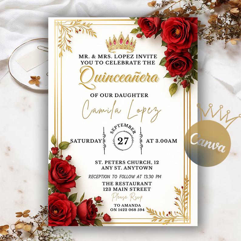 Bearbeitbare Quinceamaßa-Einladung, rote und goldene Quinceanera-Einladung, Blumen-Mis Quince Anos, DIY druckbarer digitaler Download, Canva-Vorlage