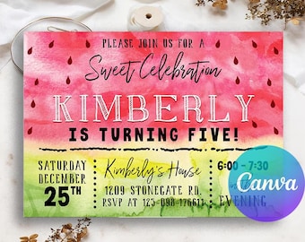 Watermelon 5th Birthday Invitation: Editable Canva Template (5x7 inches)