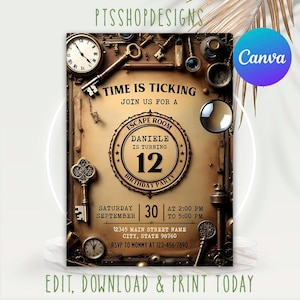 Escape Room Birthday Invitation: Mystery Detective Game (Canva Template, 5x7, Digital Download)