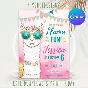 Editable Llama Birthday Invitation: Fiesta Party, Canva Template (5x7 inches) (Digital Download)