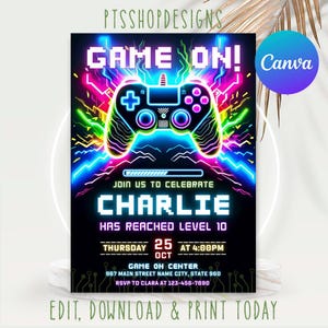 Neon Video Game Birthday Invitation: Editable Gamer Party, Canva Template (5x7 inches) (Digital Download)