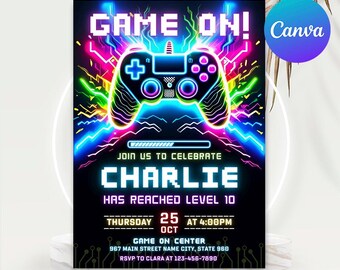 May include: A black invitation with a neon-style video game controller graphic and the words "GAME ON!" in bright colors. The invitation is for a birthday party, with the name "CHARLIE" and event details.