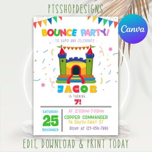 Editable Bouncing Castle Invitation Birthday Invitation, Kids Jump Bounce House Party Invitation, Printable Bounce House Canva Template