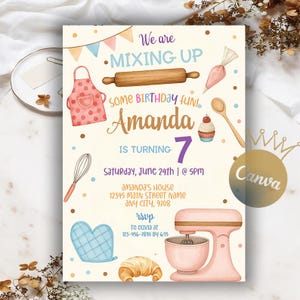 May include: A birthday party invitation with a baking theme. The invitation features illustrations of baking tools, including a rolling pin, whisk, and mixer. The text reads "We are mixing up some birthday fun! Amanda is turning 7."