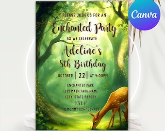 Op de afbeelding: Een uitnodiging voor Adeline's 8e verjaardagsfeestje, met een betoverd bos thema. Het ontwerp bevat een hert, bomen en de tekst "Enchanted Party" en "Edit, Download & Print Today". De datum is 22 oktober.