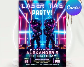 Neon Laser Tag Geburtstagseinladung: Bearbeitbare Canva-Vorlage (5x7 Zoll)