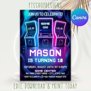 Neon Arcade Birthday Invitation: Retro Video Game Party (Canva Template, 5x7, Digital Download