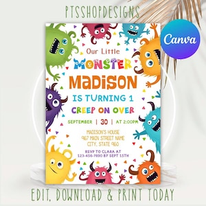 Bearbeitbare Monster Geburtstagseinladungsvorlage: 5x7 Zoll (Digitaler Download)