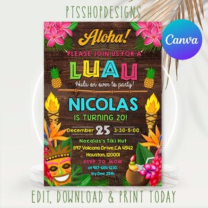 May include: A tropical-themed invitation with the text "Aloha!" and "Luau" in bright colors. The invitation includes details for Nicolas's 20th birthday party, with a date of December 25th and a time of 3:30-5:00. The design features pineapples, flowers, and tiki torches.