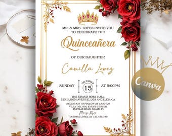 Editable Red and Gold Quinceanera Invitation, Quinceañera Invitation, Floral Mis Quince Anos, DIY Printable Digital Download, Canva Template