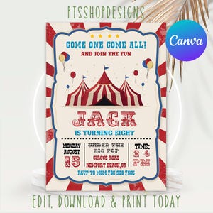 Editable in Carnival Birthday Party Invitation Canva, Circus Birthday Party Invitation, Circus Party Invitation, Carnival Invitation