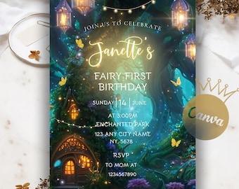 Modèle modifiable d'invitation d'anniversaire de fée de forêt, invitation de partie magique verte enchantée de luciole, téléchargement d'anniversaire de fille des bois